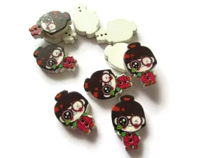 10 29mm 2 Hole Wooden Buttons Brown Haired Girl With Red Overalls and a Green Shirt