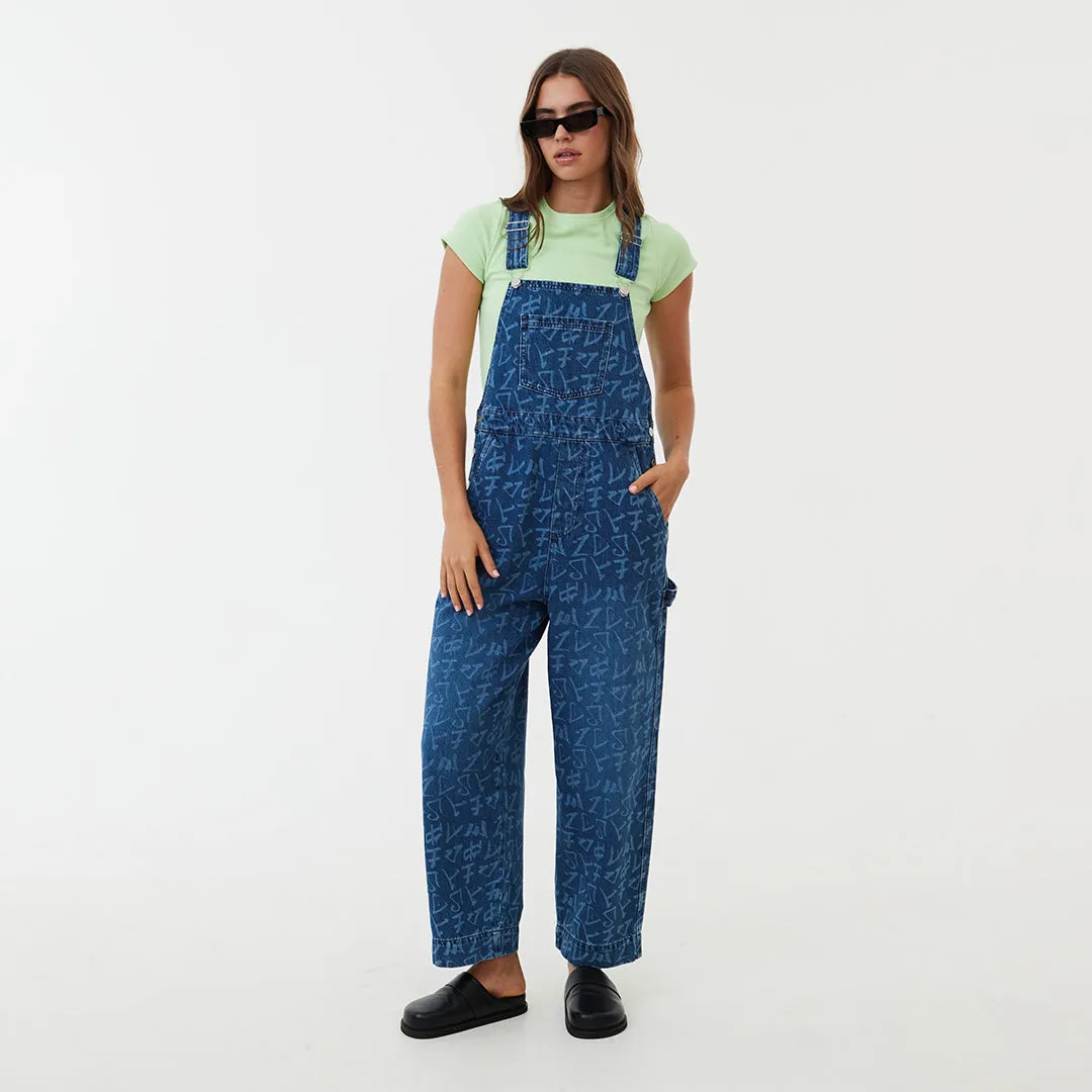 AFENDS Womens Tagged Louis - Denim Baggy Overalls - Graffiti Blue