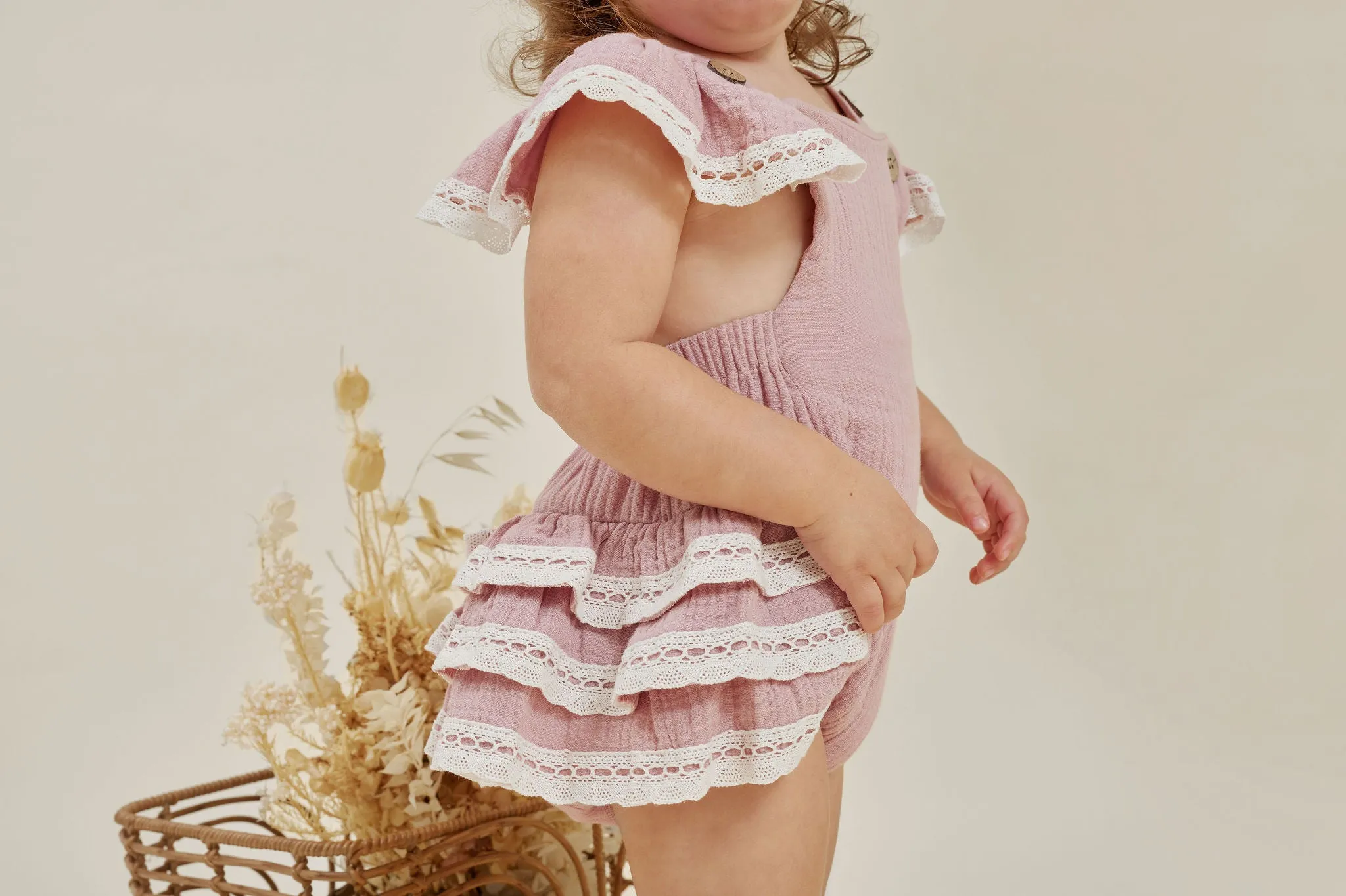 Aster and Oak Pink Muslin Ruffle Playsuit