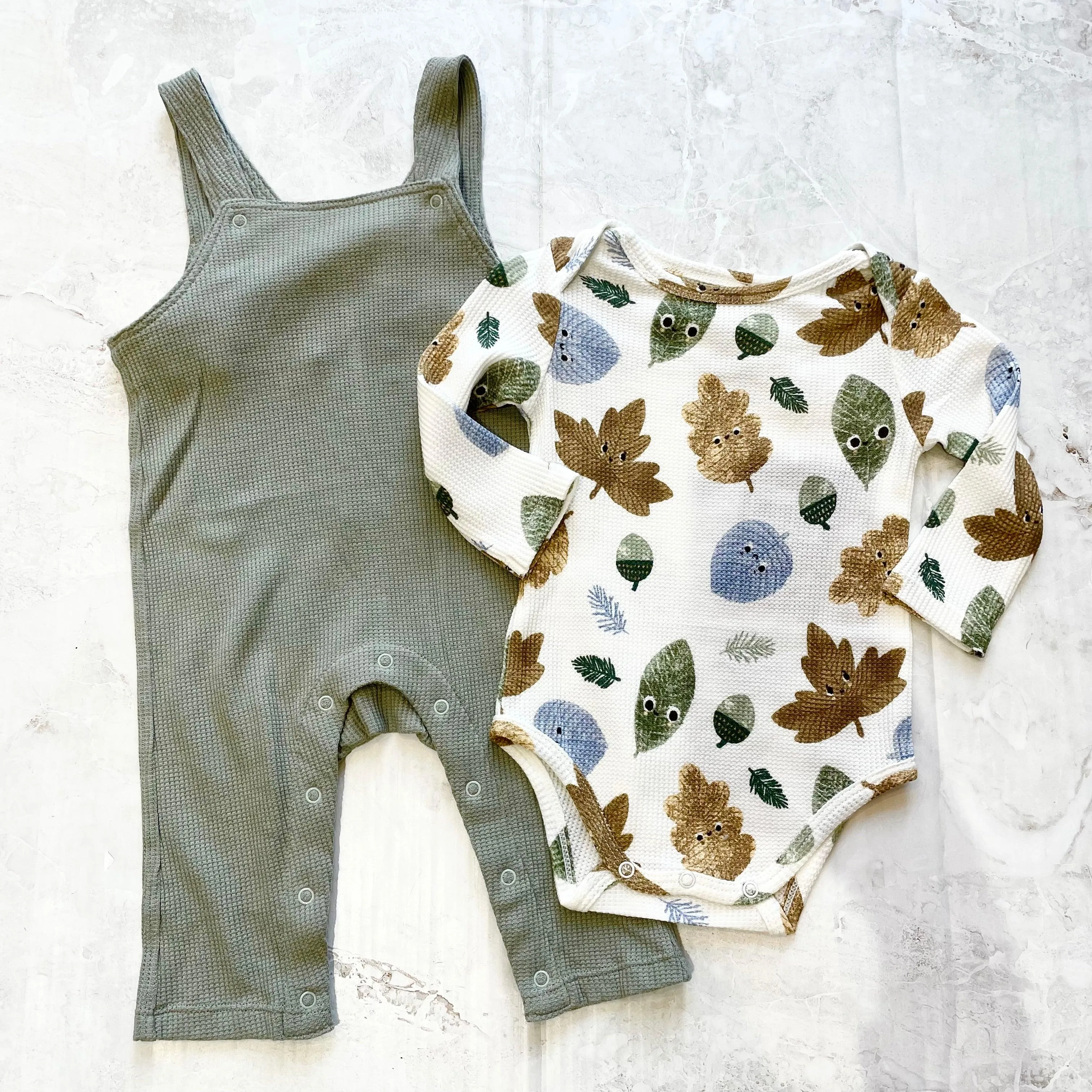 Baby Boy Jumpsuits and Rompers | 2 PCS- Sage Overalls and Cuddly Leaves | Angel Dear