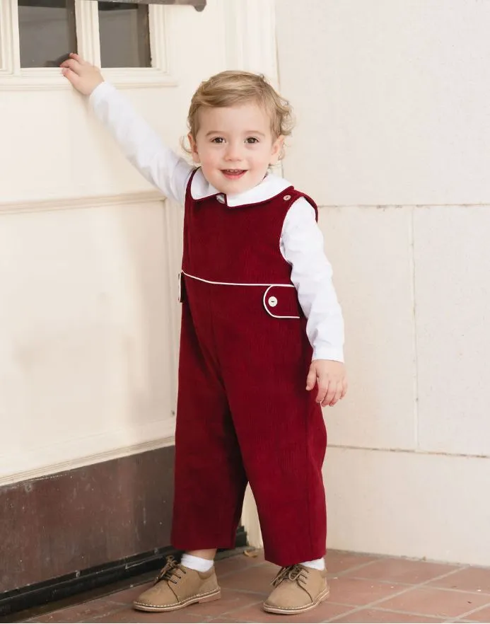 Baby Boy's "Avignon" Fall Burgundy Corduroy Overall Set with White Top