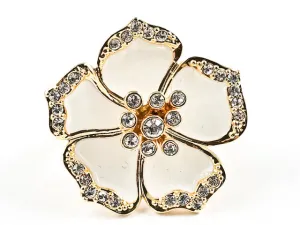 Beautiful Large Flower Design White Enamel & CZ Gold Tone Brass Ring