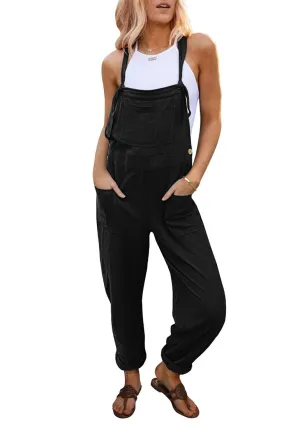 Black Women's Casual Baggy Linen Overall Summer Pockets Bib Overalls