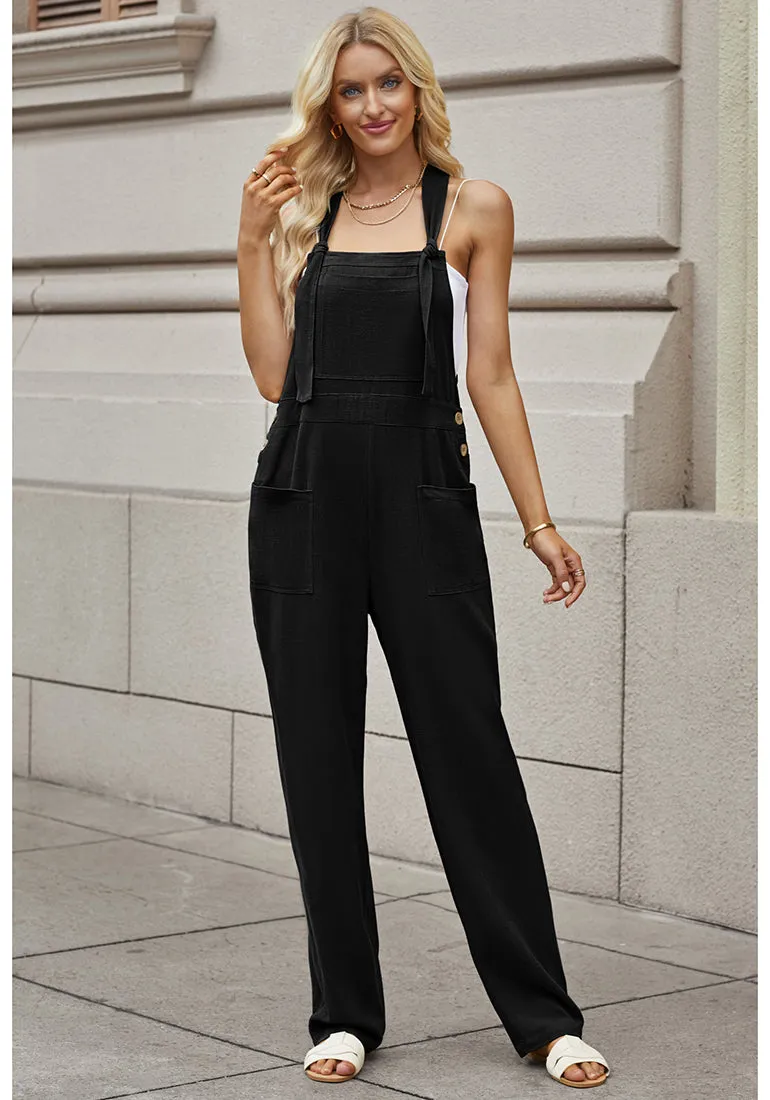 Black Women's Casual Baggy Linen Overall Summer Pockets Bib Overalls