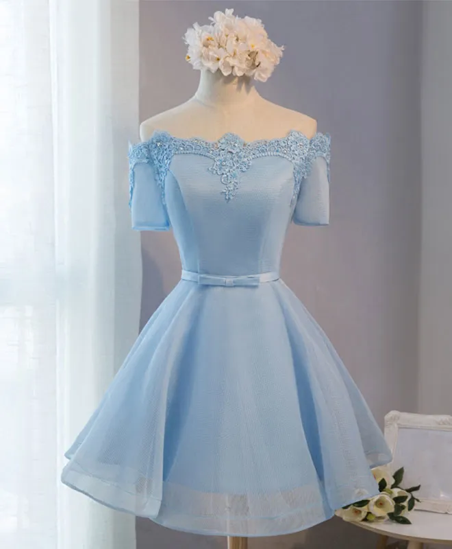 Blue A-Line Tulle Short Sleeve Lace Short Prom Dress, Blue Cute Homecoming Dress