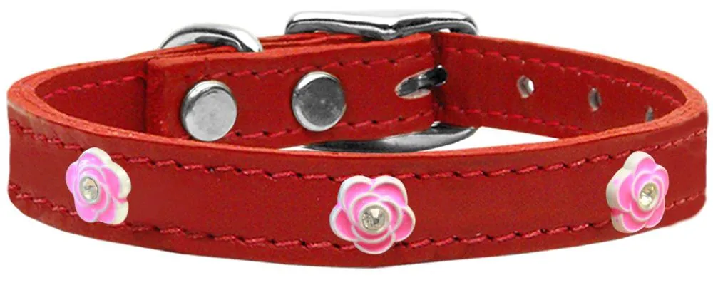 Bright Pink Rose Widget Genuine Leather Dog Collar Red 12