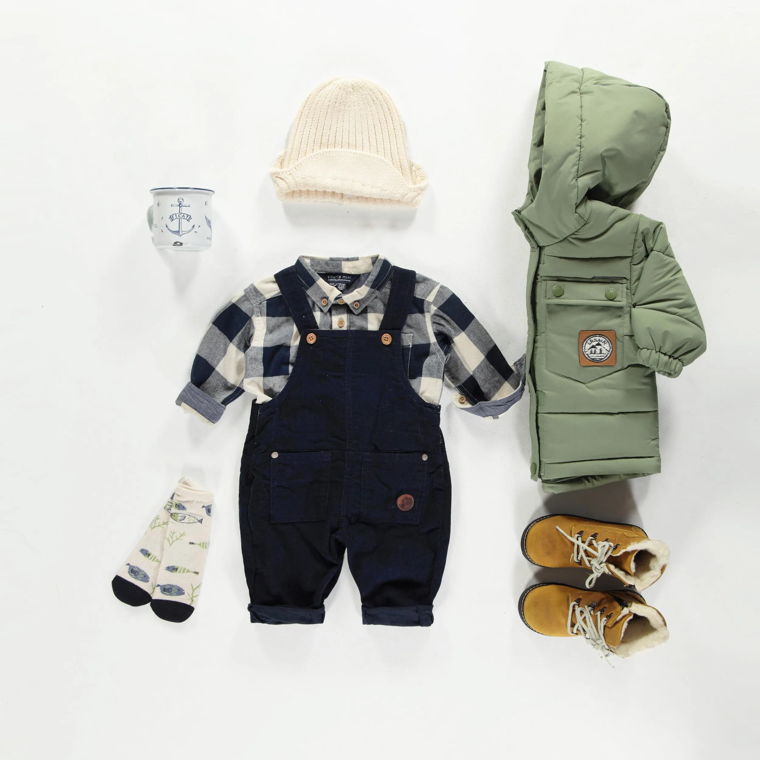 Chemise à carreaux marine et crème en flanelle, bébé || Navy and cream plaid shirt in flannel, baby