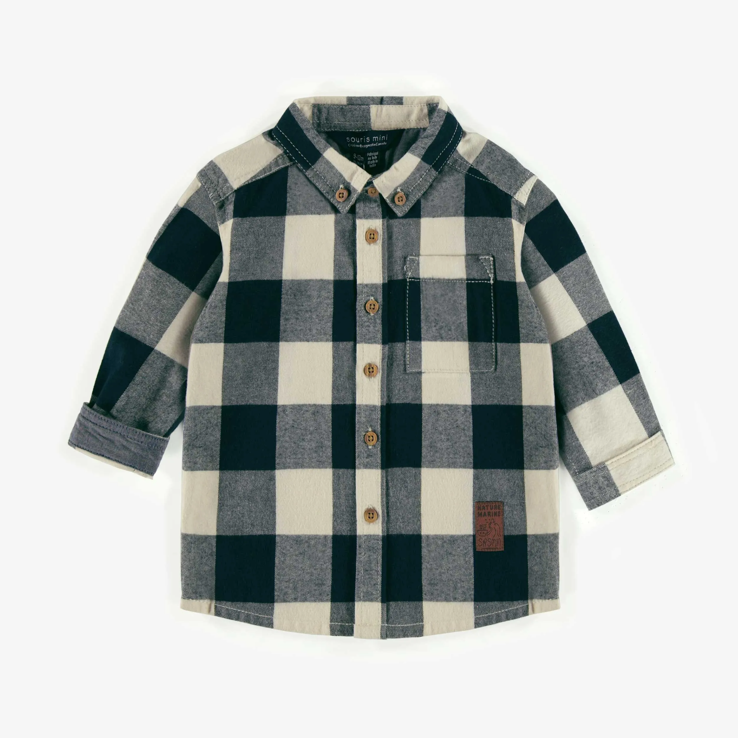 Chemise à carreaux marine et crème en flanelle, bébé || Navy and cream plaid shirt in flannel, baby