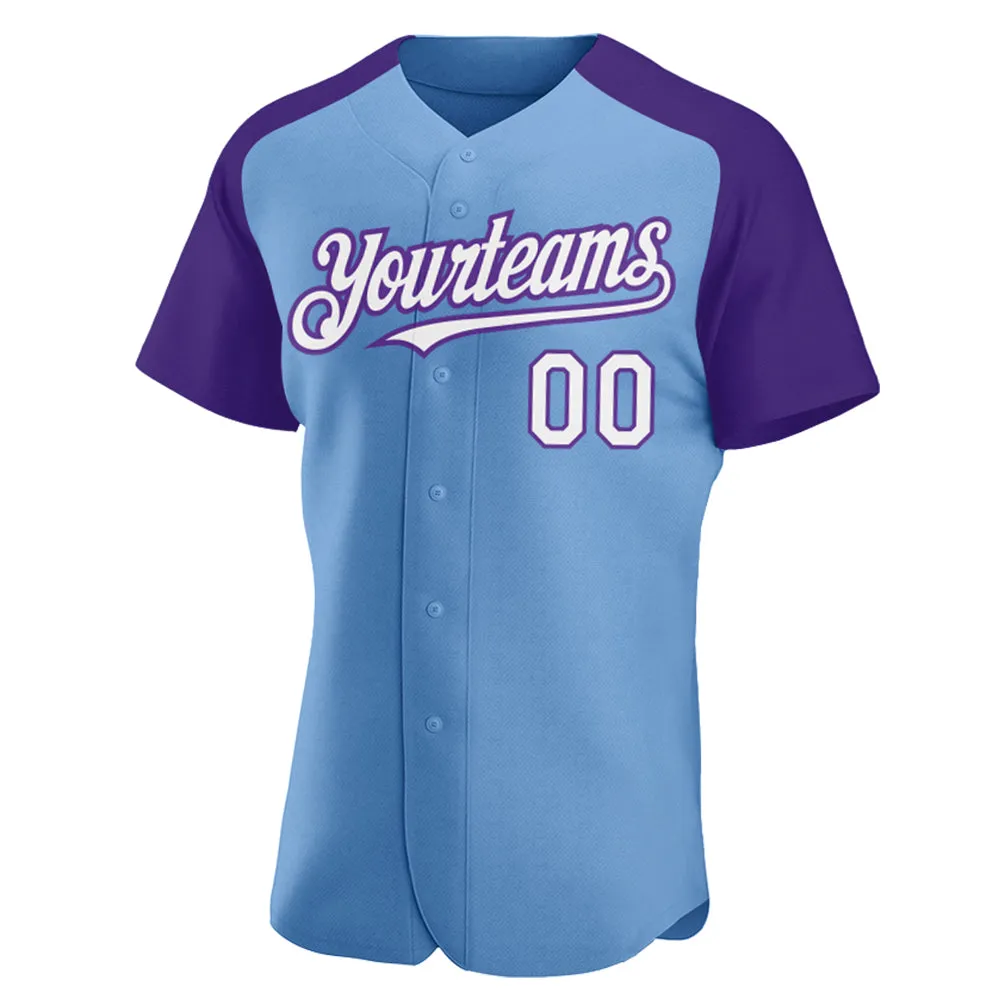 Custom Light Blue White-Purple Authentic Raglan Sleeves Baseball Jersey