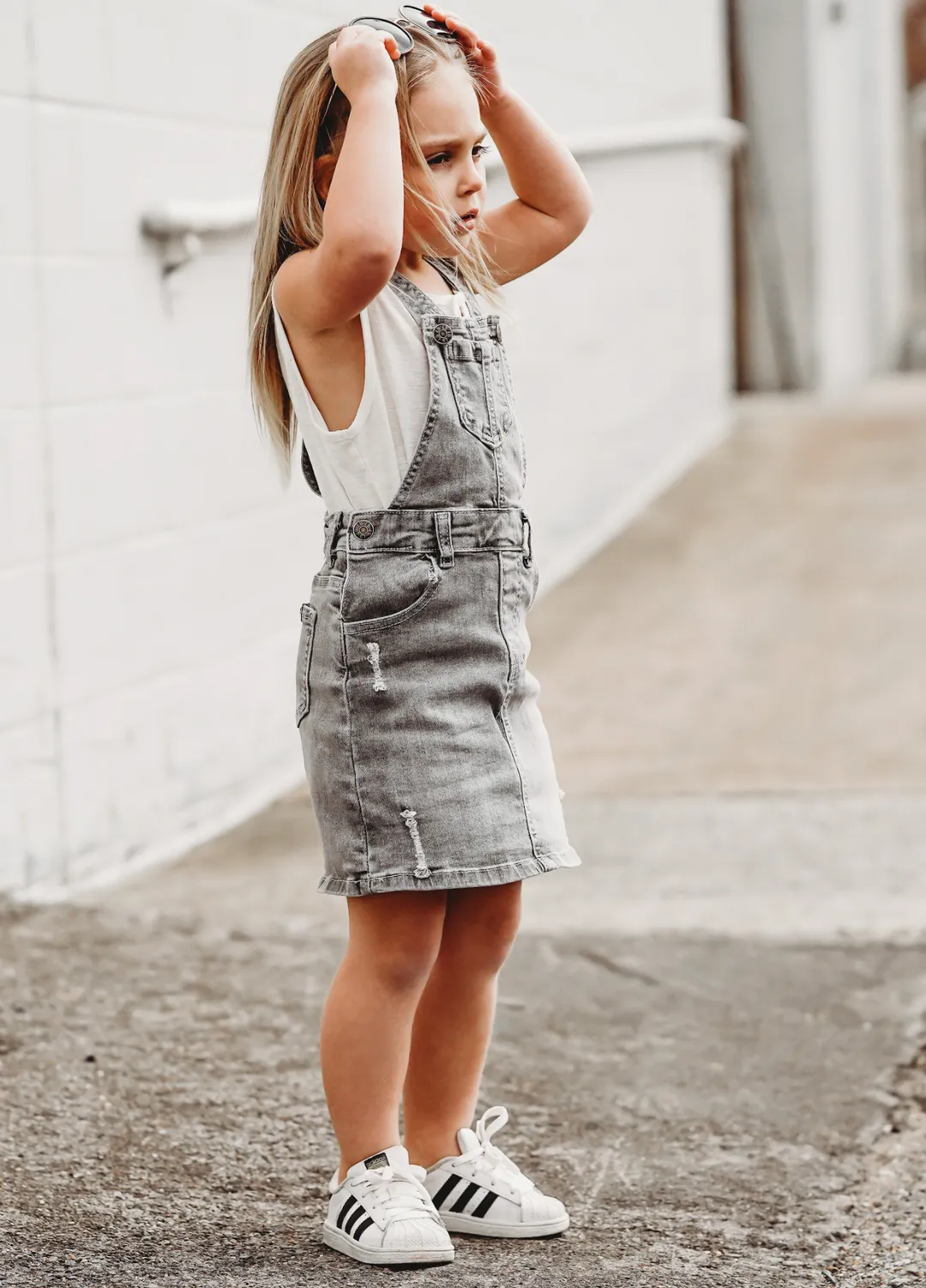 Denim Skirt Overalls- Grey Wash