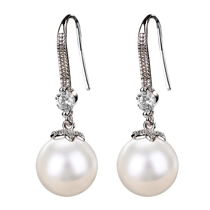 Elegant Imitation Pearl Dangle Earrings for Women with Zircon in Silver Color