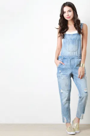 Faded Denim Distressed Overalls