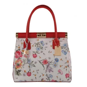 Floral Print On Leather Red Trim Medium Handbag Handmade In Italy