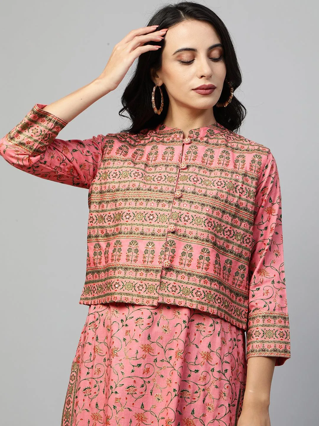 Floral Printed Kurta with Ethnic Dense Printed Jacket - Pink