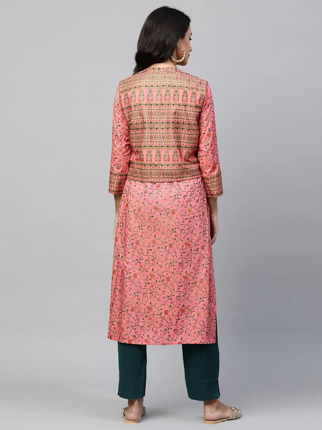 Floral Printed Kurta with Ethnic Dense Printed Jacket - Pink