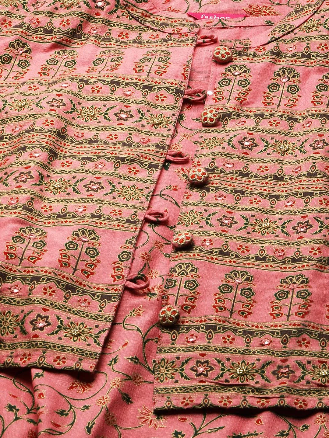 Floral Printed Kurta with Ethnic Dense Printed Jacket - Pink