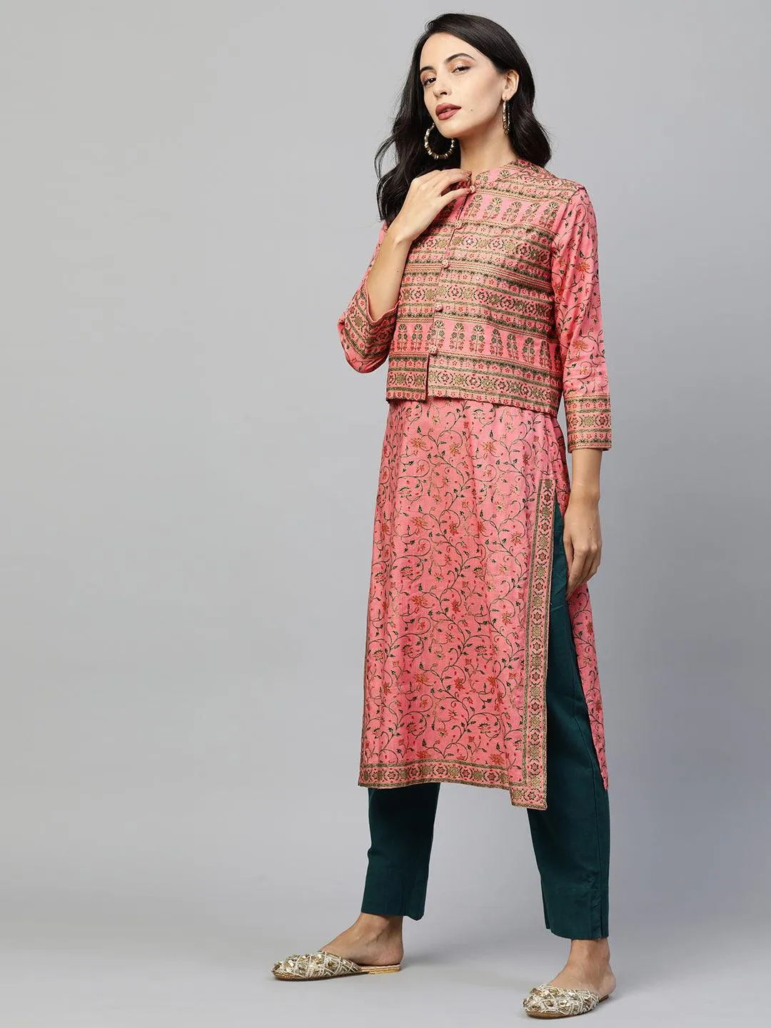 Floral Printed Kurta with Ethnic Dense Printed Jacket - Pink