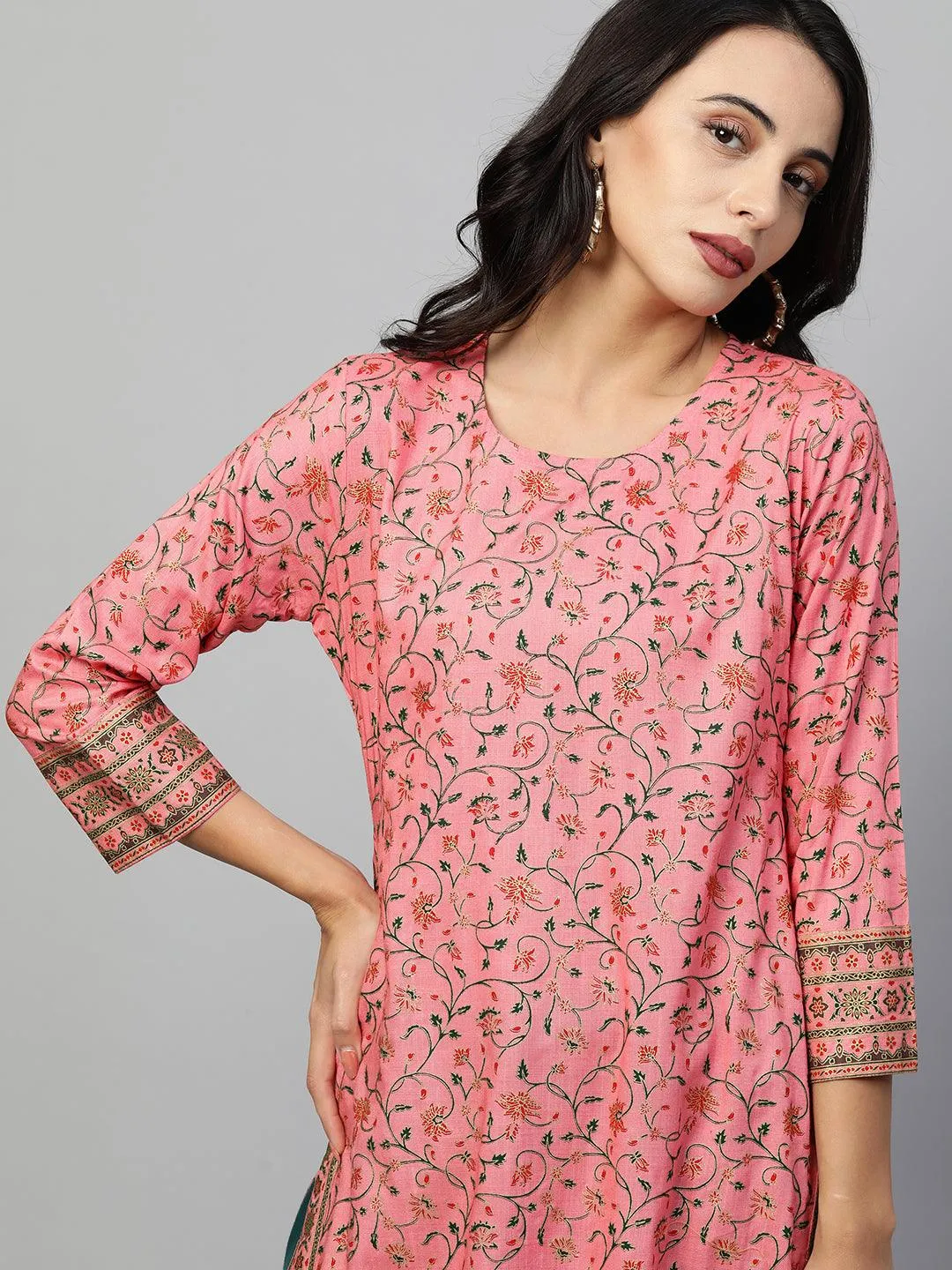 Floral Printed Kurta with Ethnic Dense Printed Jacket - Pink