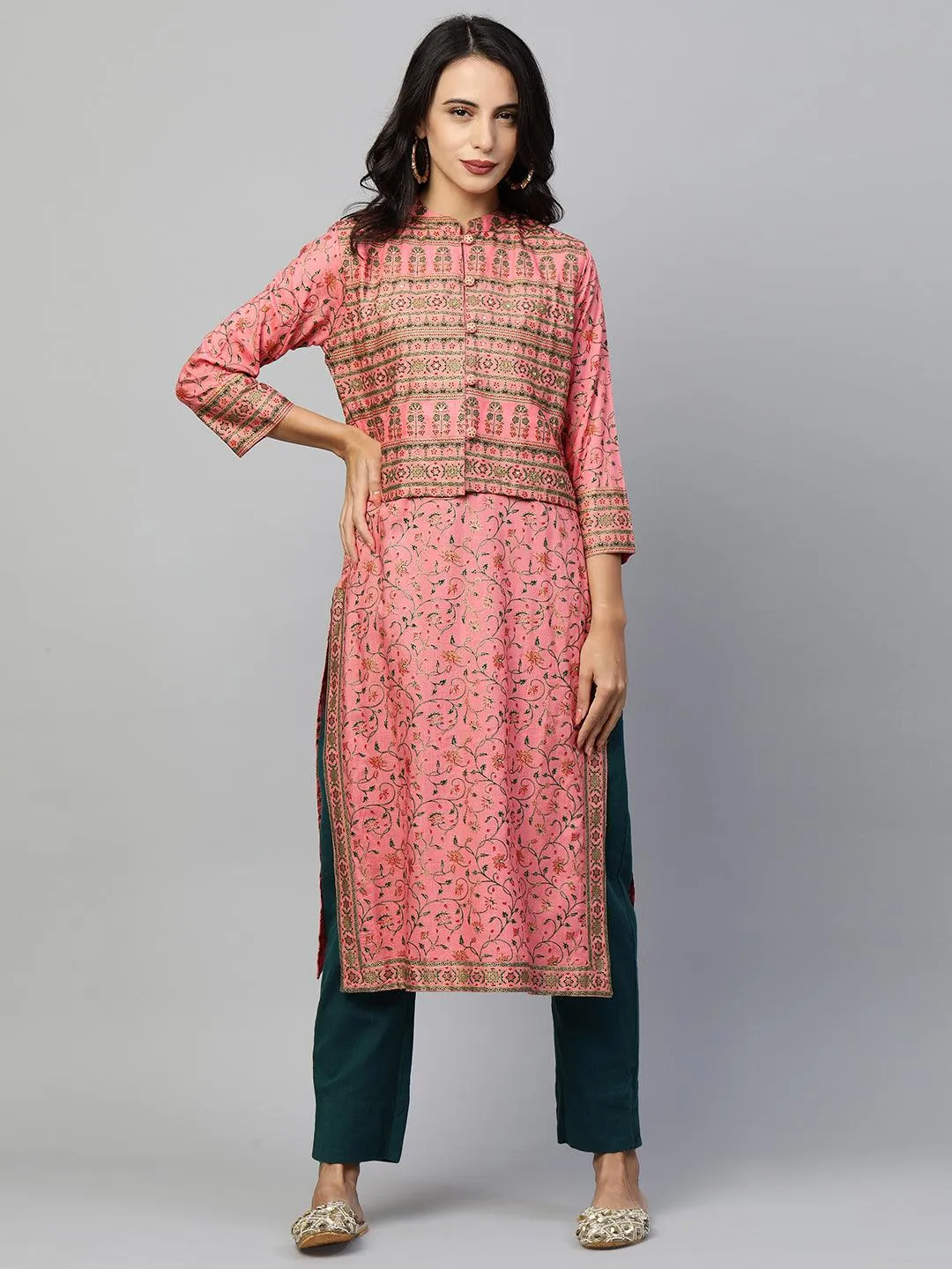 Floral Printed Kurta with Ethnic Dense Printed Jacket - Pink