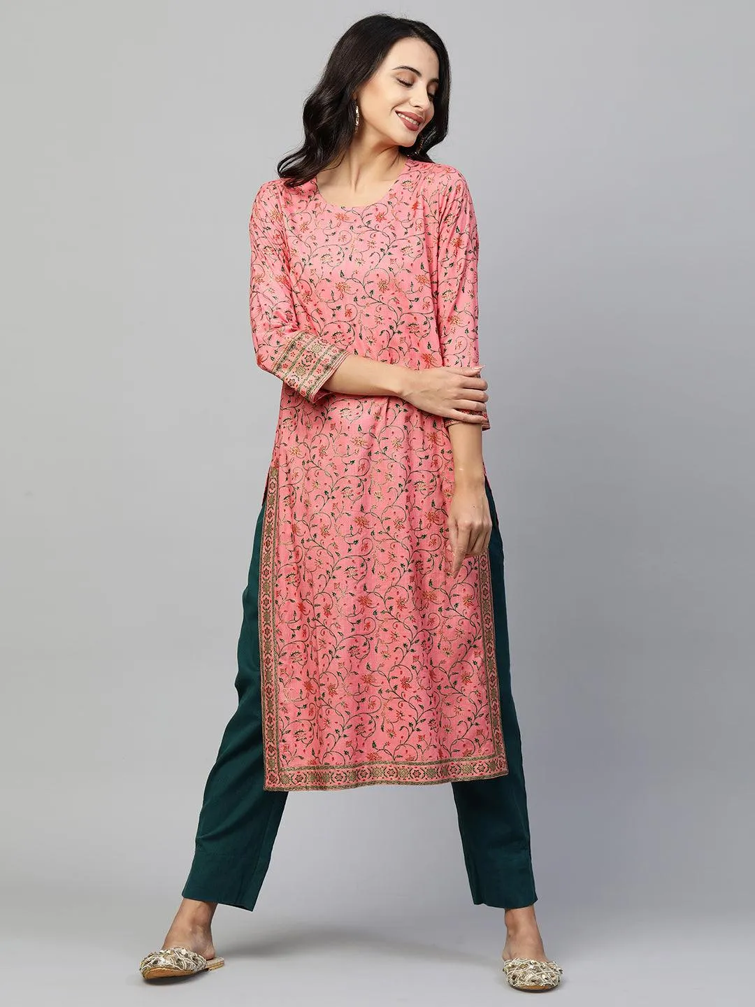 Floral Printed Kurta with Ethnic Dense Printed Jacket - Pink