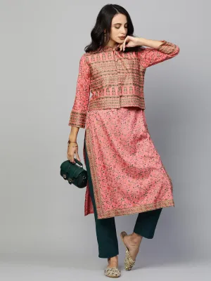 Floral Printed Kurta with Ethnic Dense Printed Jacket - Pink