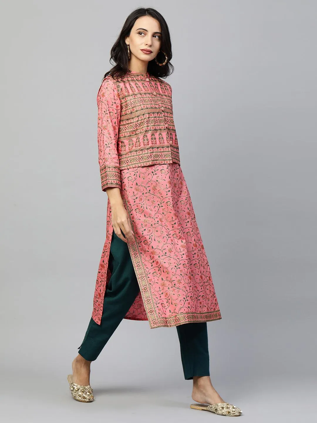 Floral Printed Kurta with Ethnic Dense Printed Jacket - Pink