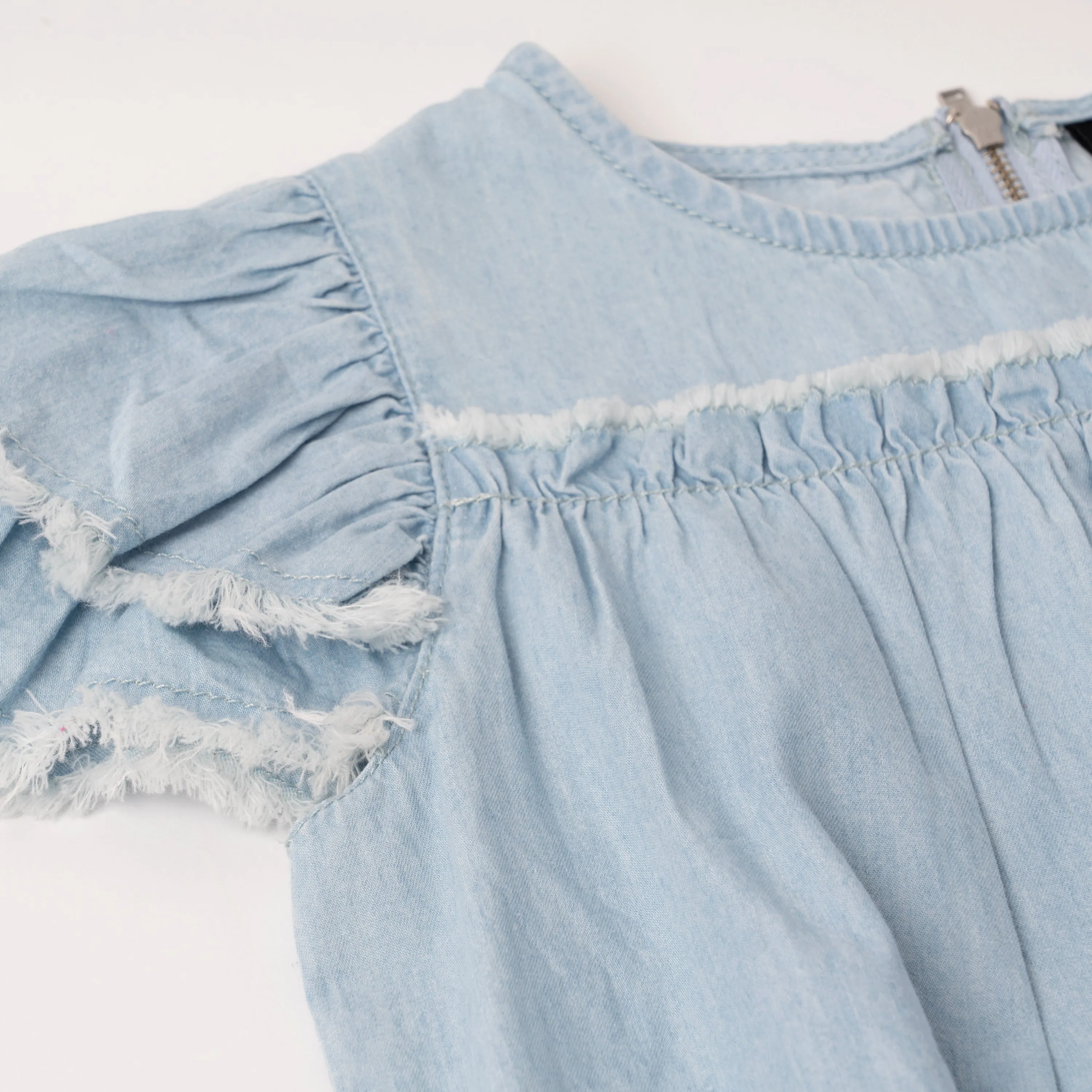 Fringe Ruffle Sleeve Denim Top