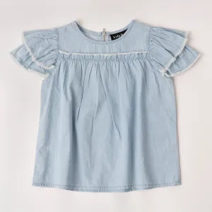 Fringe Ruffle Sleeve Denim Top