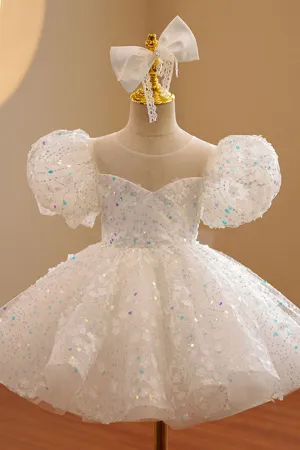 G3027 - Scoop Puff Sleeves Sequined Beaded A-Line Flower Girl Dress