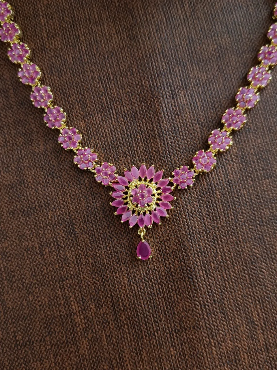 Gold-plated Zircon Necklace Set Pink & Green