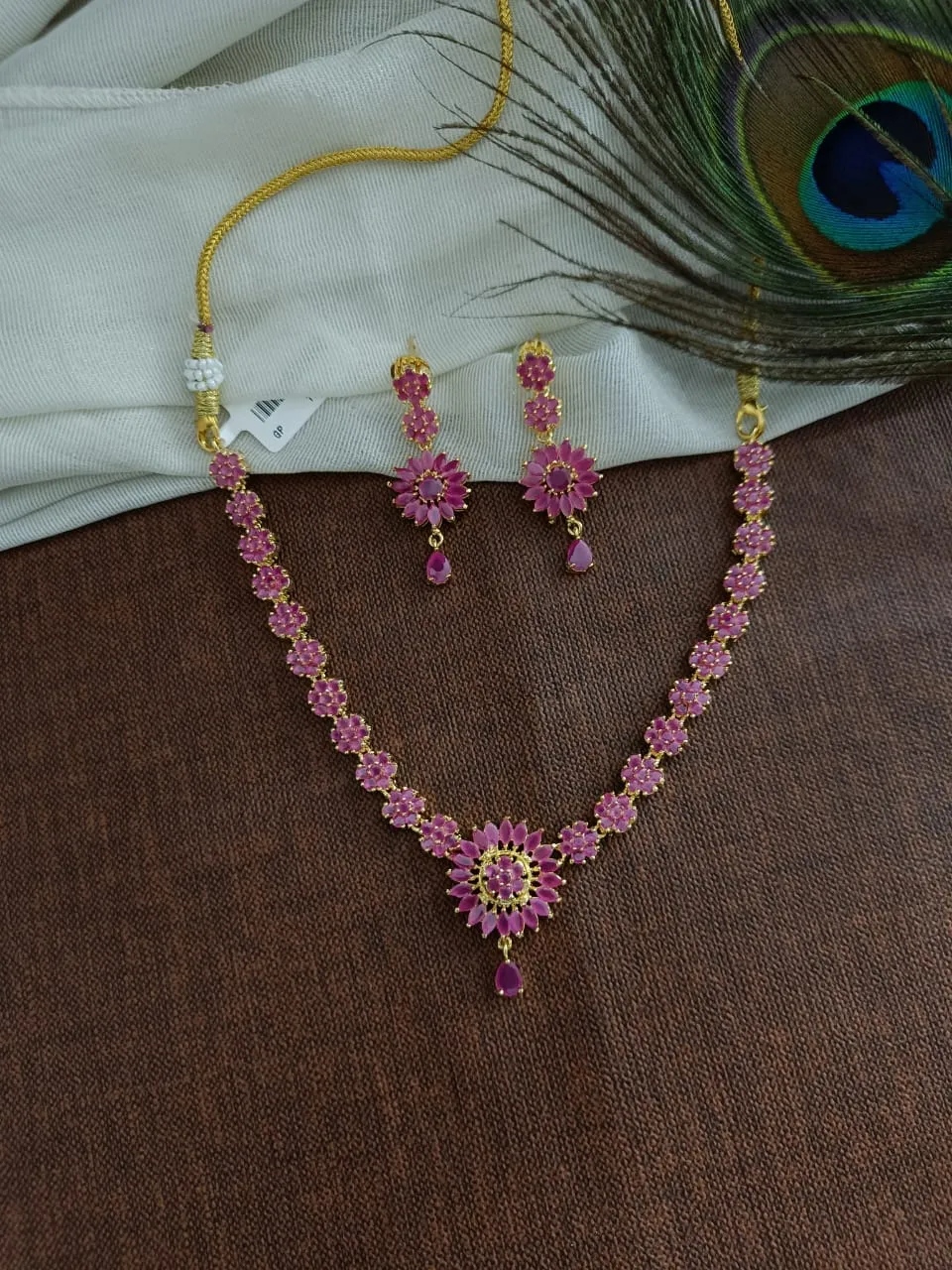 Gold-plated Zircon Necklace Set Pink & Green