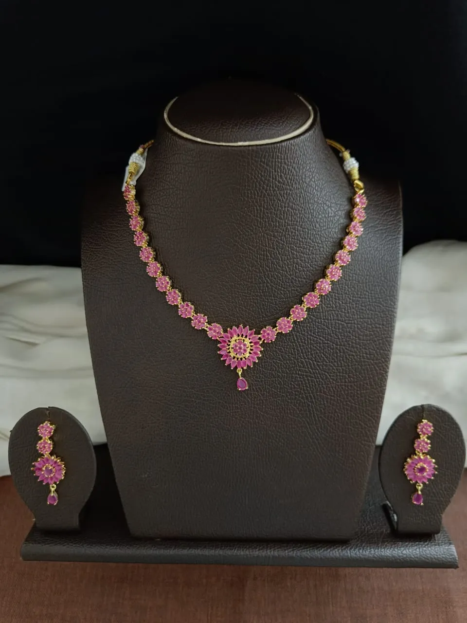 Gold-plated Zircon Necklace Set Pink & Green