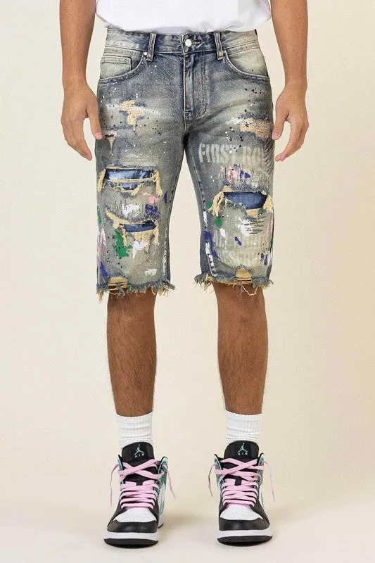 Hand Paint & Logo Print Rip 7 Repair Denim Shorts