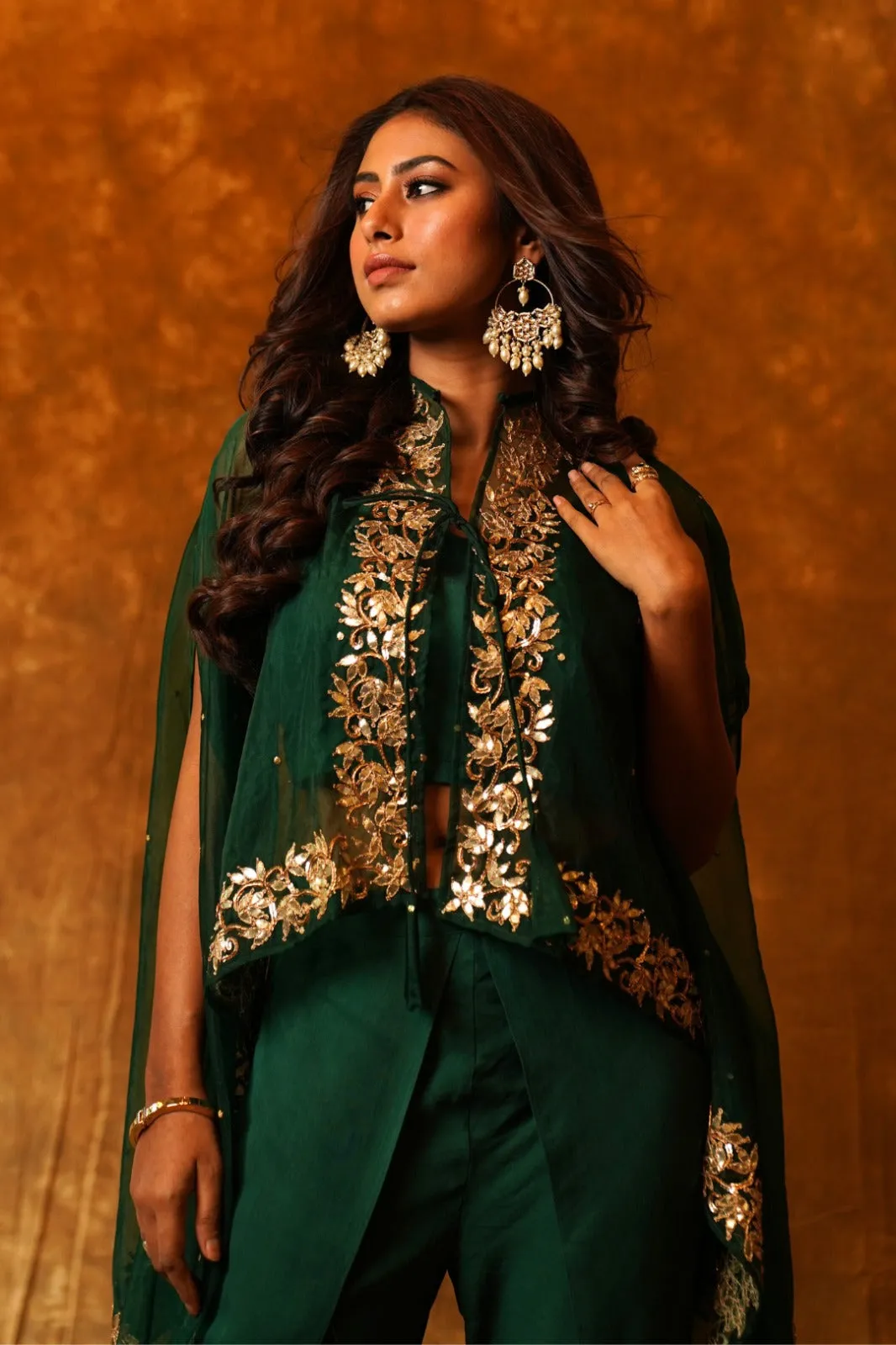 Luxurious Green Collared Cape Organza with Overlap Dhoti & Inner