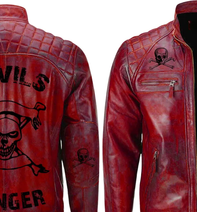 Men Red Devil Design Vintage Biker Motorcycle Distressed Leather Jacket