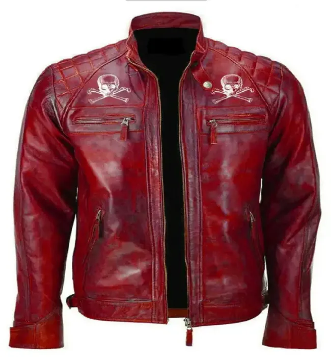 Men Red Devil Design Vintage Biker Motorcycle Distressed Leather Jacket