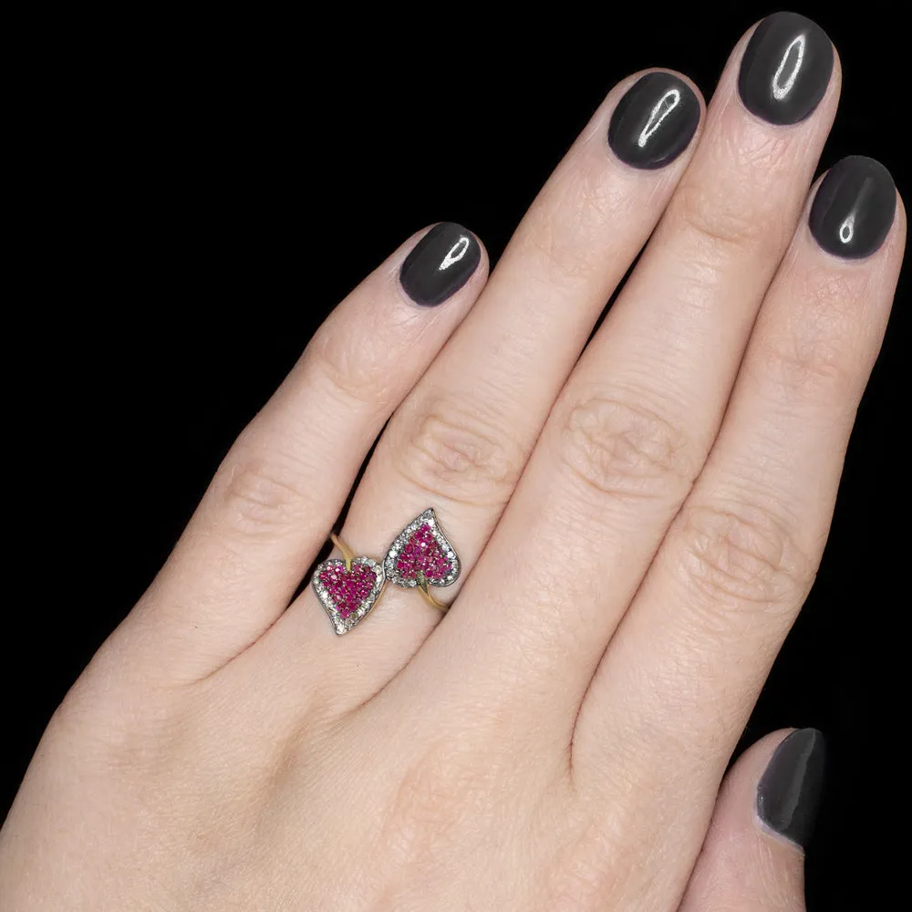 NATURAL RUBY PAVE DIAMOND COCKTAIL RING LEAF SHAPE BOTANICAL BOHO STYLE BYPASS