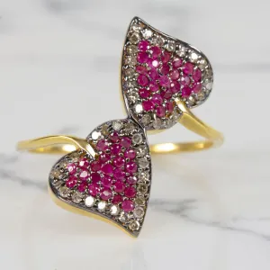 NATURAL RUBY PAVE DIAMOND COCKTAIL RING LEAF SHAPE BOTANICAL BOHO STYLE BYPASS