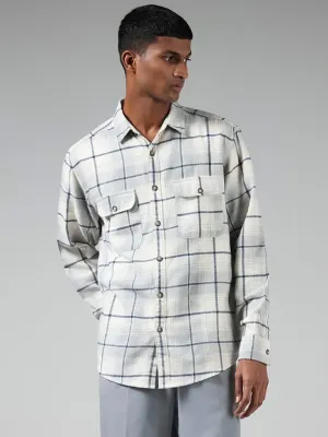 Nuon Off White Checked Cotton Blend Relaxed-Fit Shirt