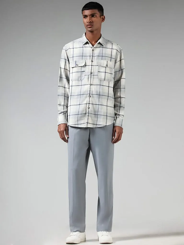 Nuon Off White Checked Cotton Blend Relaxed-Fit Shirt