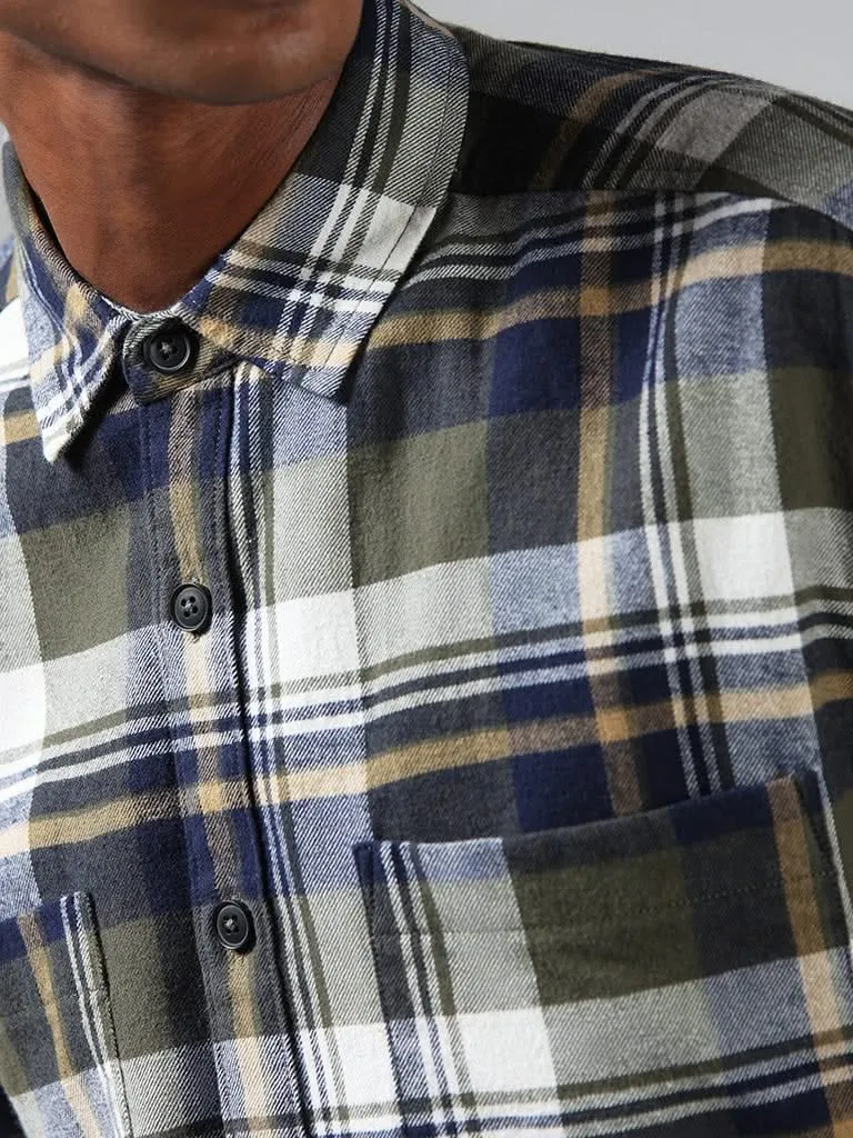 Nuon Olive Plaid Checked Cotton Relaxed-Fit Shirt