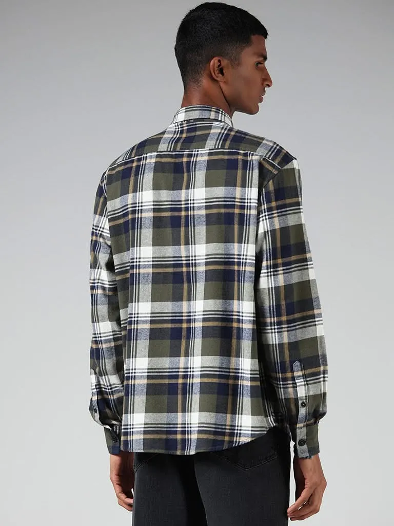 Nuon Olive Plaid Checked Cotton Relaxed-Fit Shirt