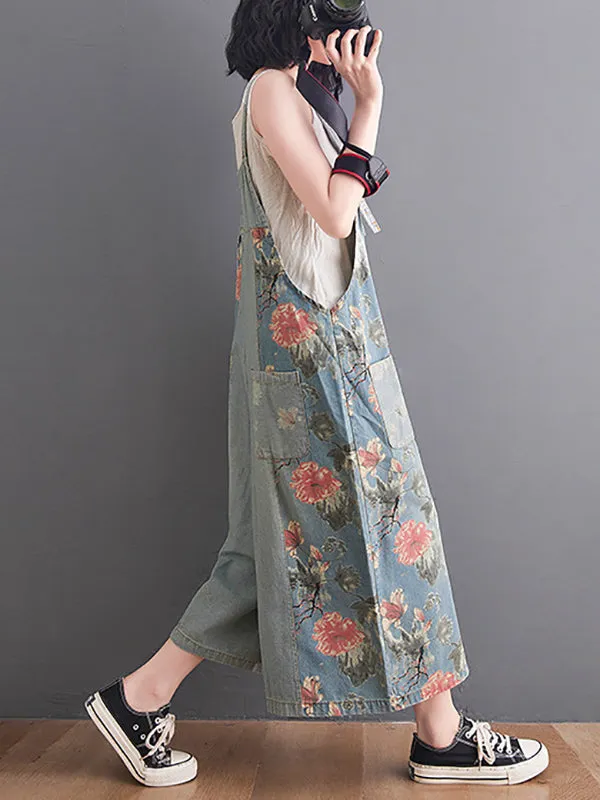 Oversize Wide Leg Floral Printed Split-Joint Overalls