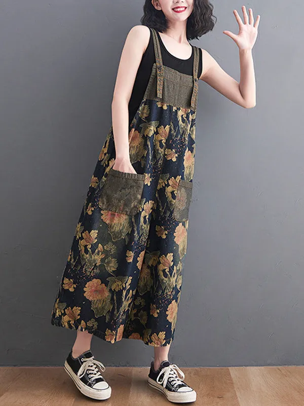 Oversize Wide Leg Floral Printed Split-Joint Overalls