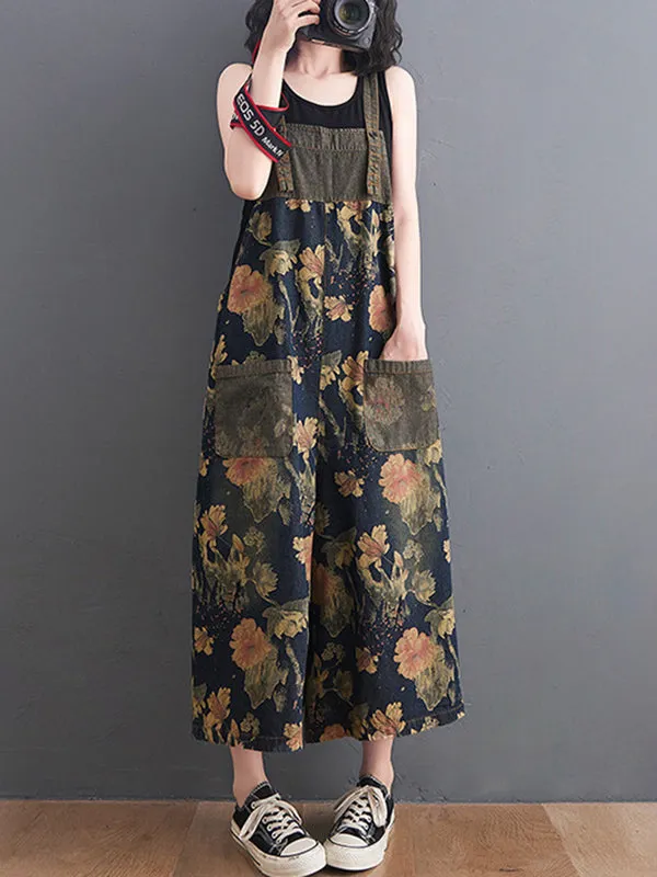 Oversize Wide Leg Floral Printed Split-Joint Overalls