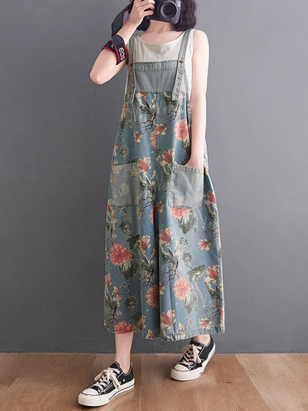 Oversize Wide Leg Floral Printed Split-Joint Overalls