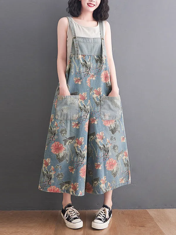 Oversize Wide Leg Floral Printed Split-Joint Overalls