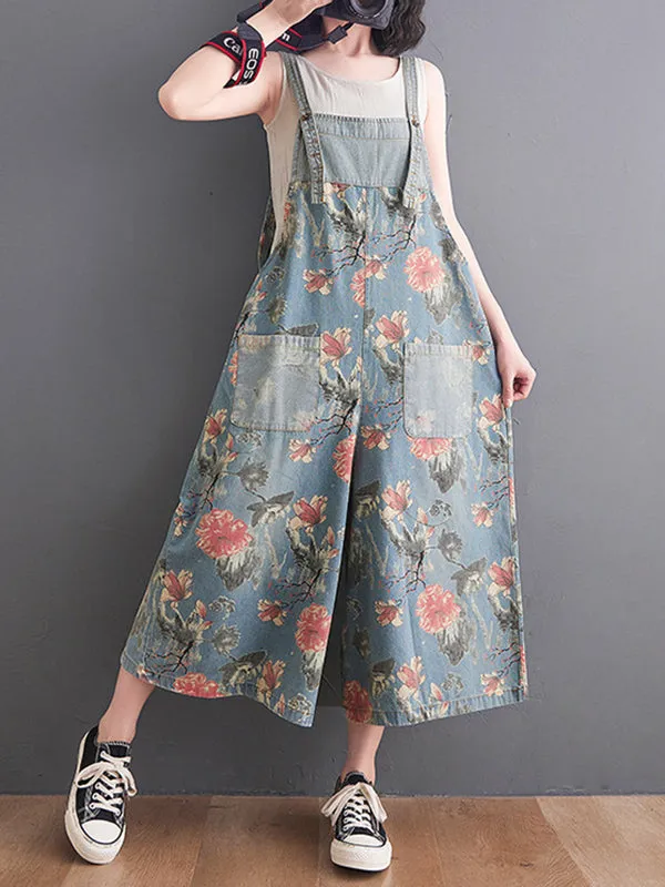 Oversize Wide Leg Floral Printed Split-Joint Overalls