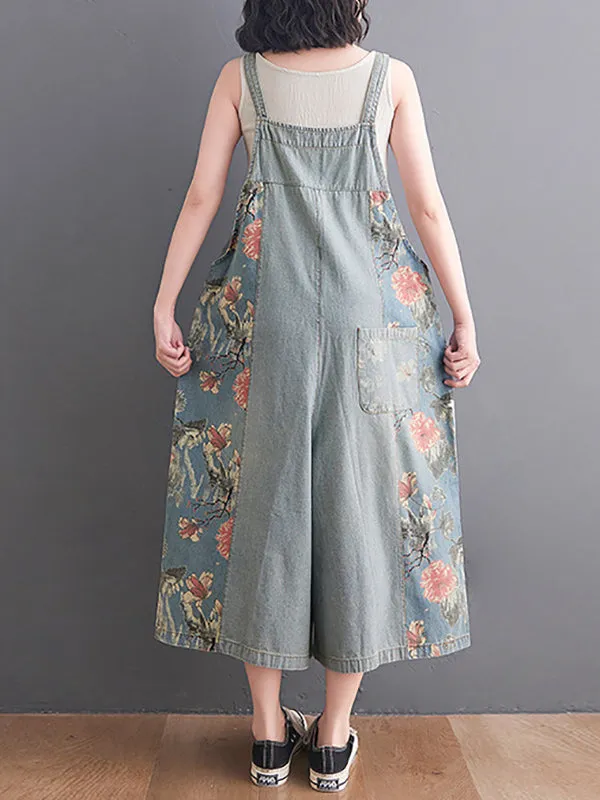 Oversize Wide Leg Floral Printed Split-Joint Overalls