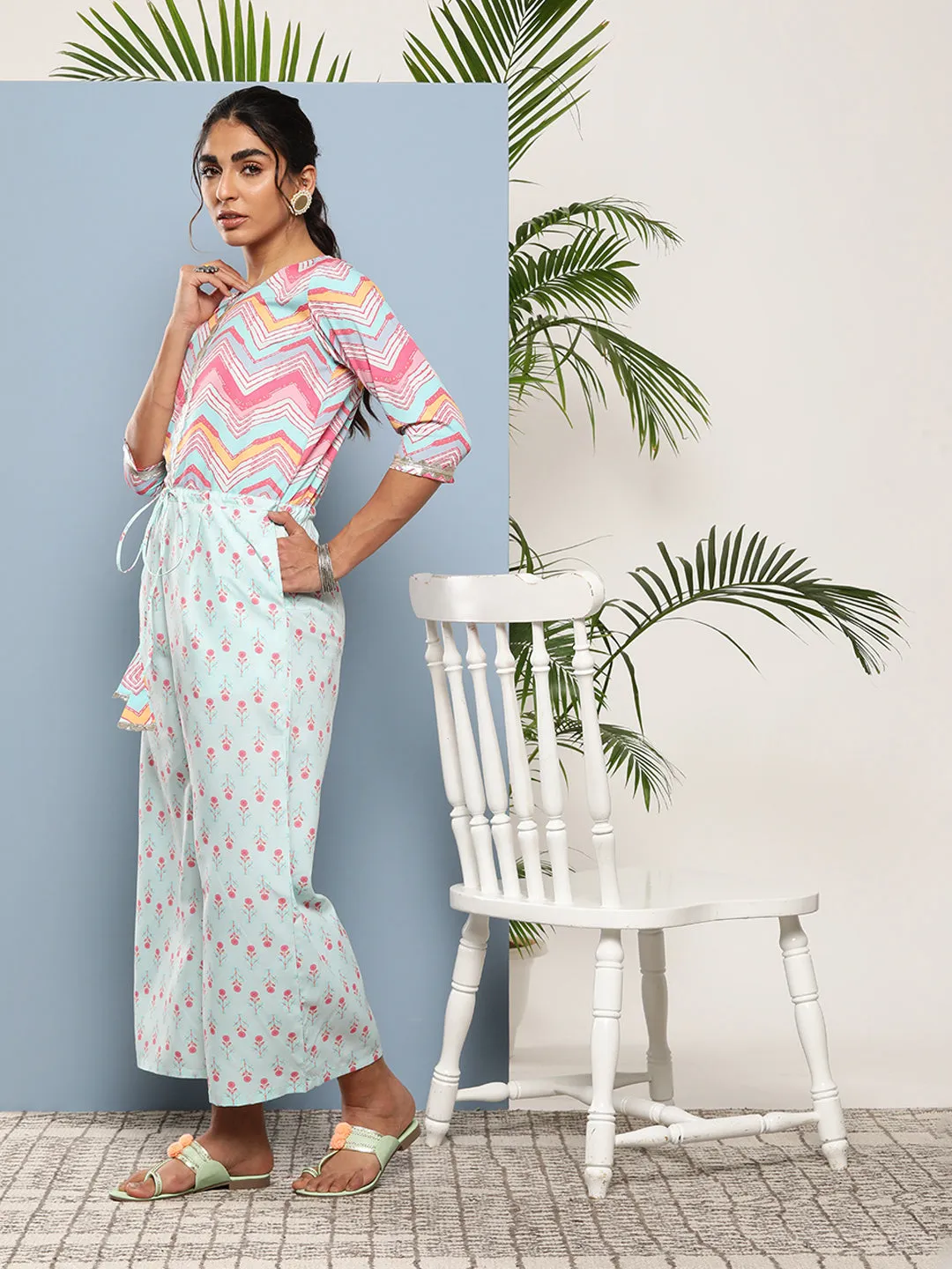 Pink & Blue Printed Waist Tie-Ups Jumpsuit